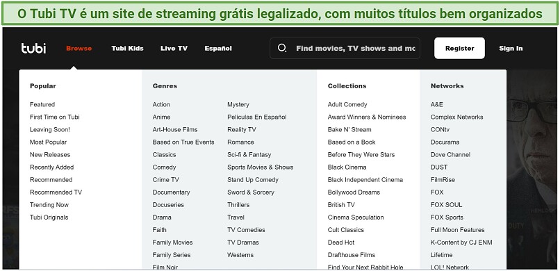 Uma captura de tela da página inicial da Tubi TV exibindo os gêneros de conteúdo e coleções que você pode explorar na aba de Navegação
