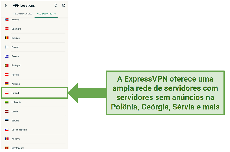 Screenshot of ExpressVPN's Android UI