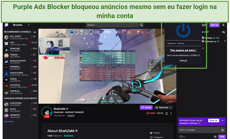 Screenshot of Purple Ads Blocker blocking ads on Twitch