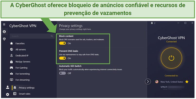 Screenshot of CyberGhost ad blocker feature in settings
