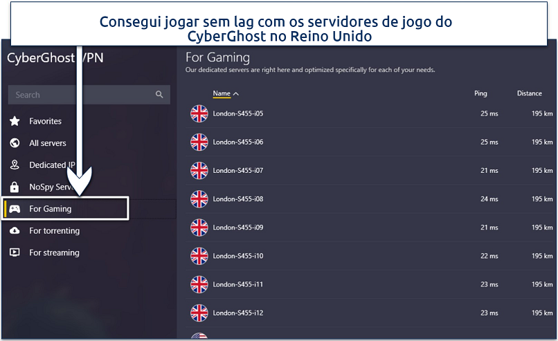 Screenshot showing a list of CyberGhost's gaming-optimized servers