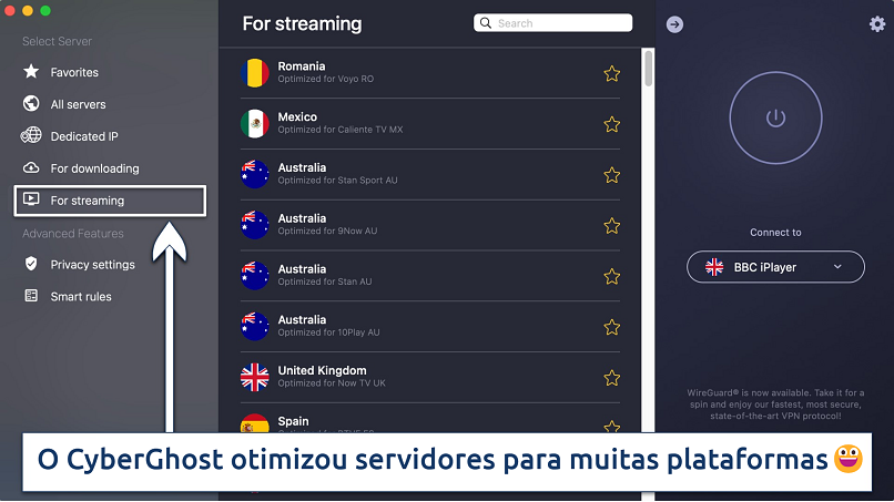 Screenshot showing For streaming servers on CyberGhost