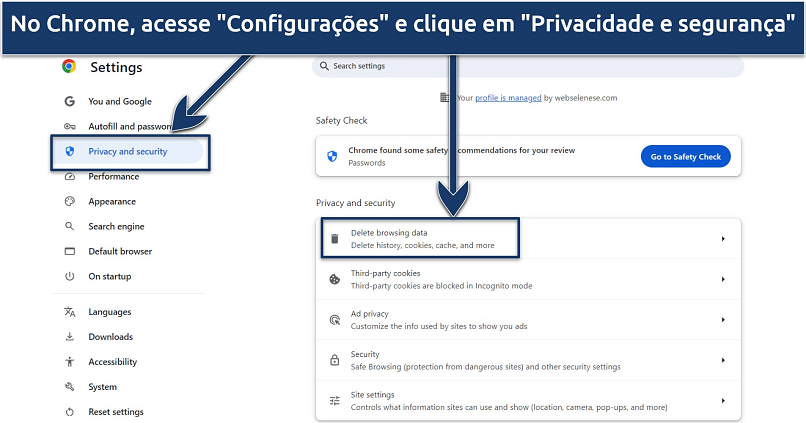 Uma captura de tela mostrando como limpar cookies e cache no Chrome