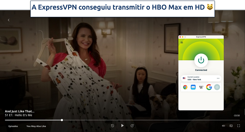 Captura de tela de um filme sendo transmitido na HBO Max com o aplicativo ExpressVPN em segundo plano