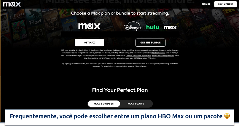 Captura de tela da página de planos do HBO MAX