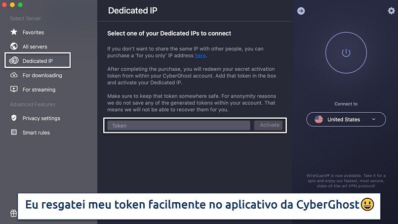 Captura de tela mostrando a aba IP dedicado no aplicativo da CyberGhost