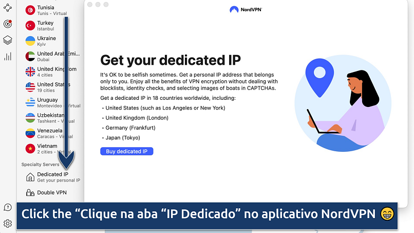 Captura de tela mostrando a aba “IP Dedicado” no aplicativo NordVPN