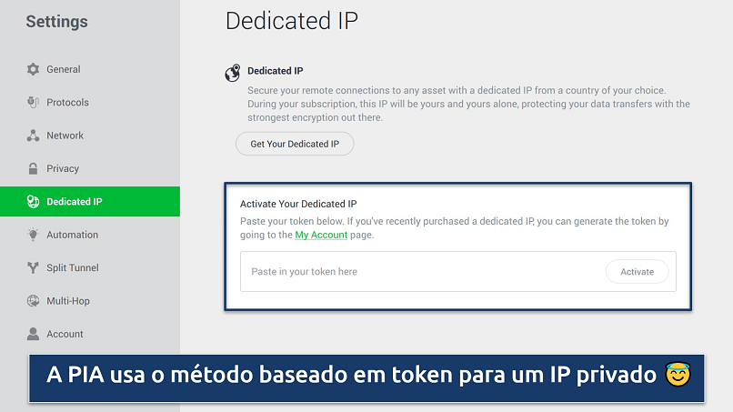 Captura de tela mostrando a aba IP dedicado no aplicativo PIA