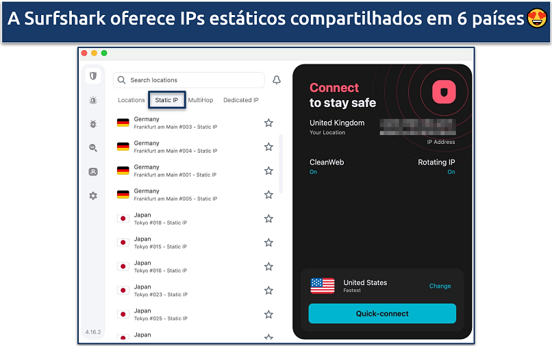 Captura de tela mostrando a aba de IP fixo compartilhado no aplicativo da Surfshark