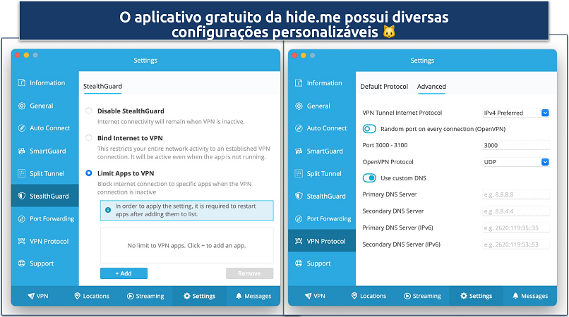 Screenshot of hide.me free VPN app's setting showing customizable settings