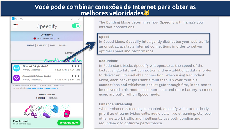 Screenshot of Speedify's free Windows app showing the Bonding feature