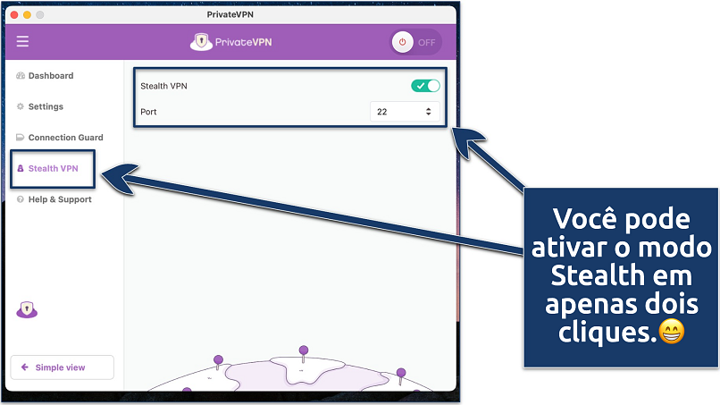 Screenshot of PrivateVPN's macOS app with Stealth VPN settings enabled
