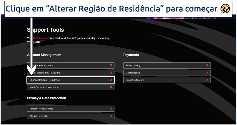 Screenshot of Riot's support page