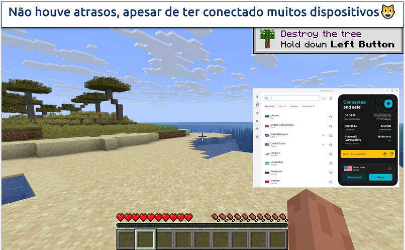 A screenshot of the Minecraft game with Surfshark connected