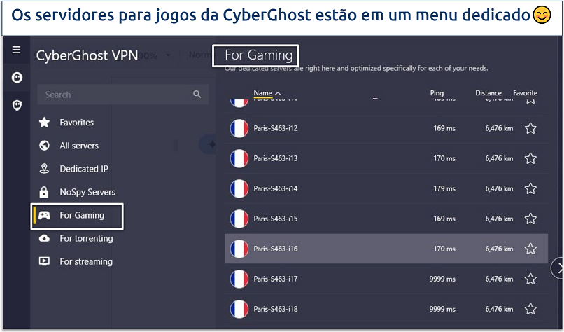 Screenshot of CyberGhost specialized servers for gaming