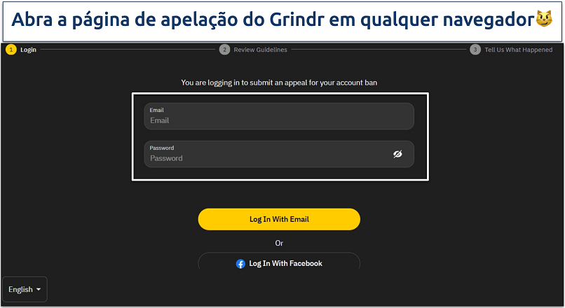 An image of the Grindr appeal page sign in